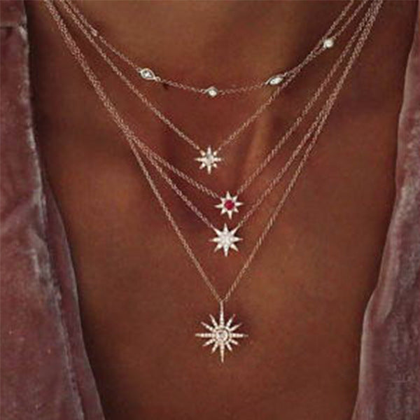 Celestial Stars in the Sky Pav'e Statement Chic Necklace in 14K Gold Plating