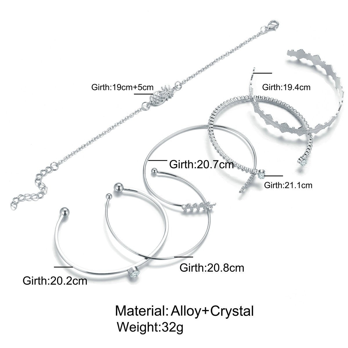 6 Piece Geometric Bangle Set With Austrian Crystals 18K White Gold Plated Bracelet