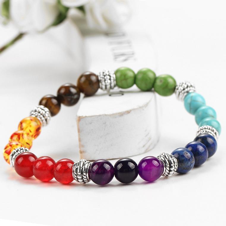 7 Natural Stone Stretch 18K White Gold Plated Bracelet