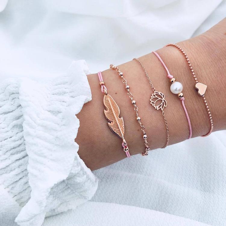 5 Piece Pink Pearl Bracelet Set 18K Gold Plated Bracelet