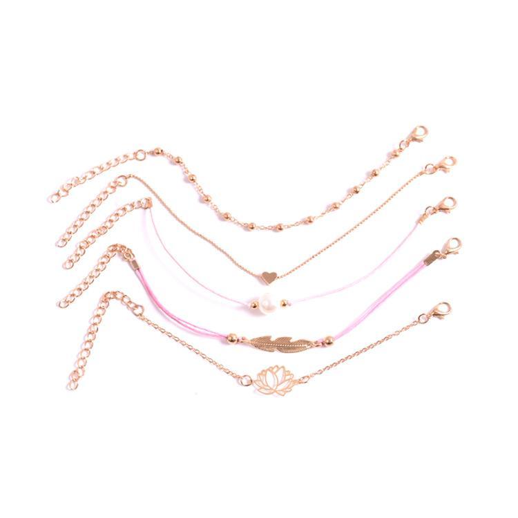 5 Piece Pink Pearl Bracelet Set 18K Gold Plated Bracelet