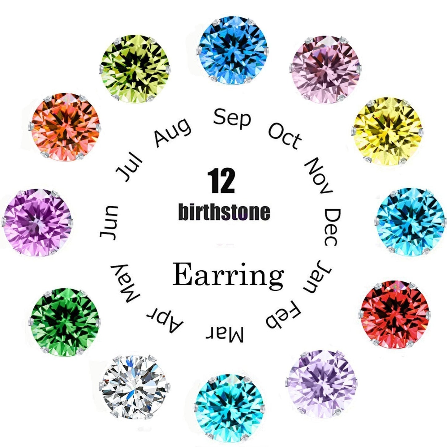 12 Piece Stud Earring Set With Gemstone Crystals 18K White Gold Plated Earring