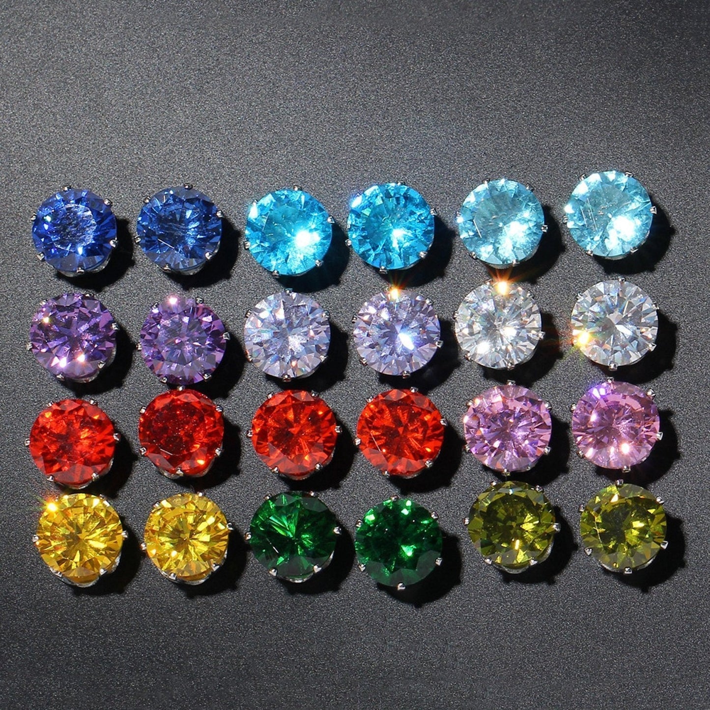 12 Piece Stud Earring Set With Gemstone Crystals 18K White Gold Plated Earring