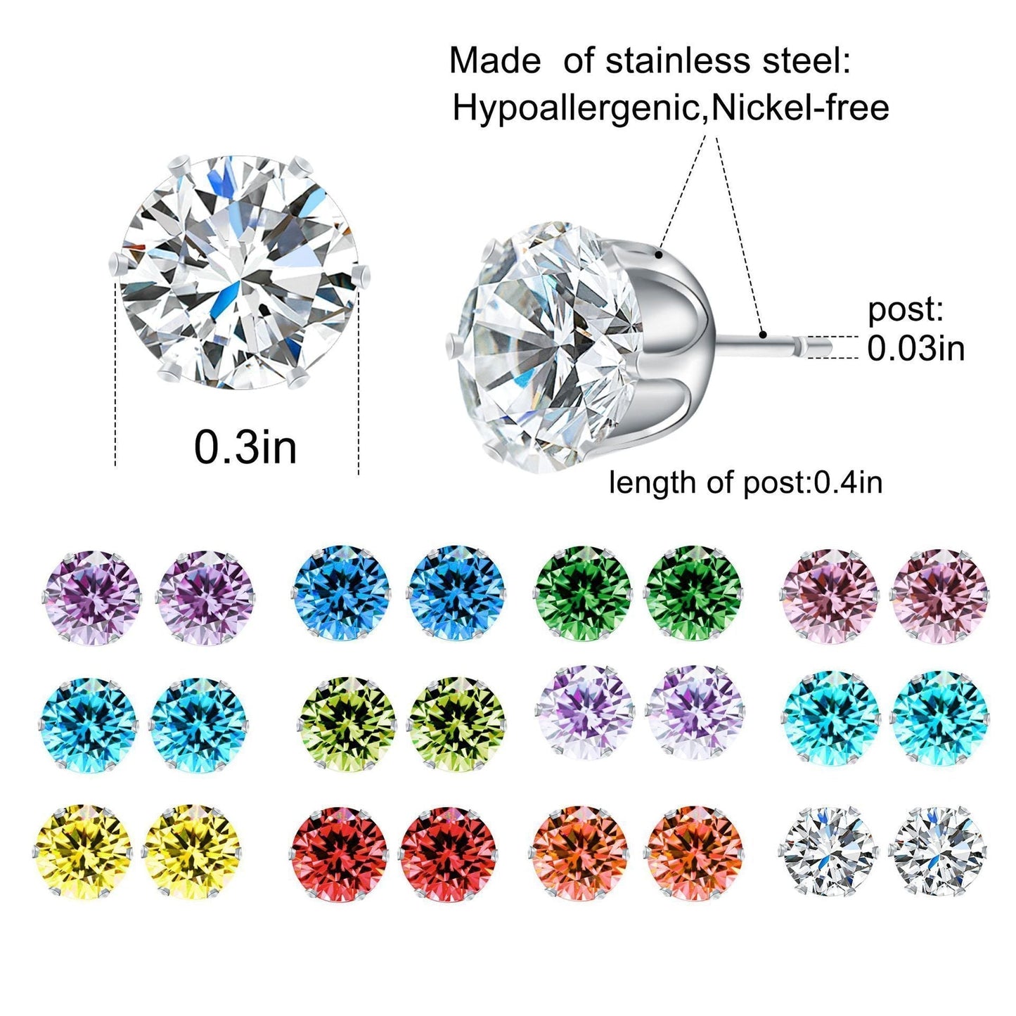 12 Piece Stud Earring Set With Gemstone Crystals 18K White Gold Plated Earring