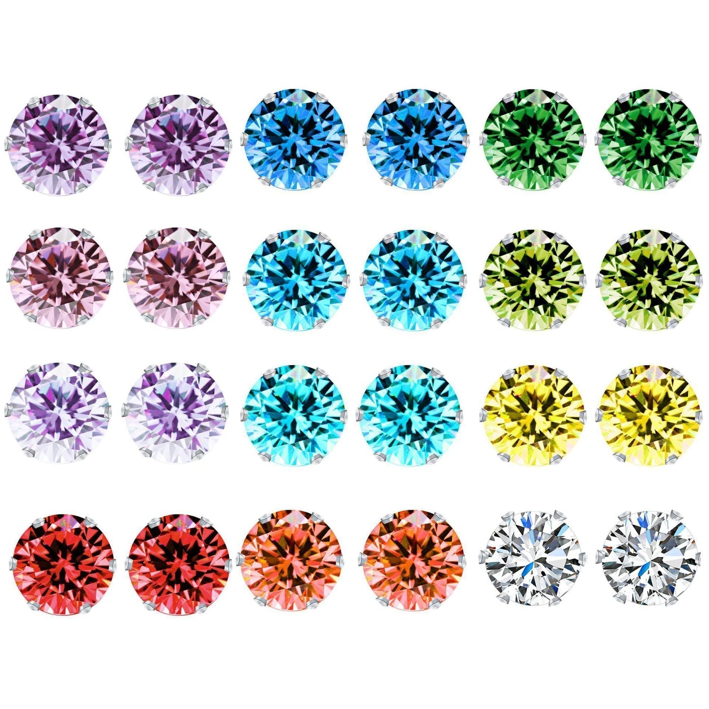 12 Piece Stud Earring Set With Gemstone Crystals 18K White Gold Plated Earring