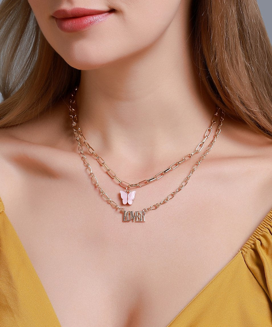2 Piece Butterfly Lover Necklace 18K Gold Plated Necklace