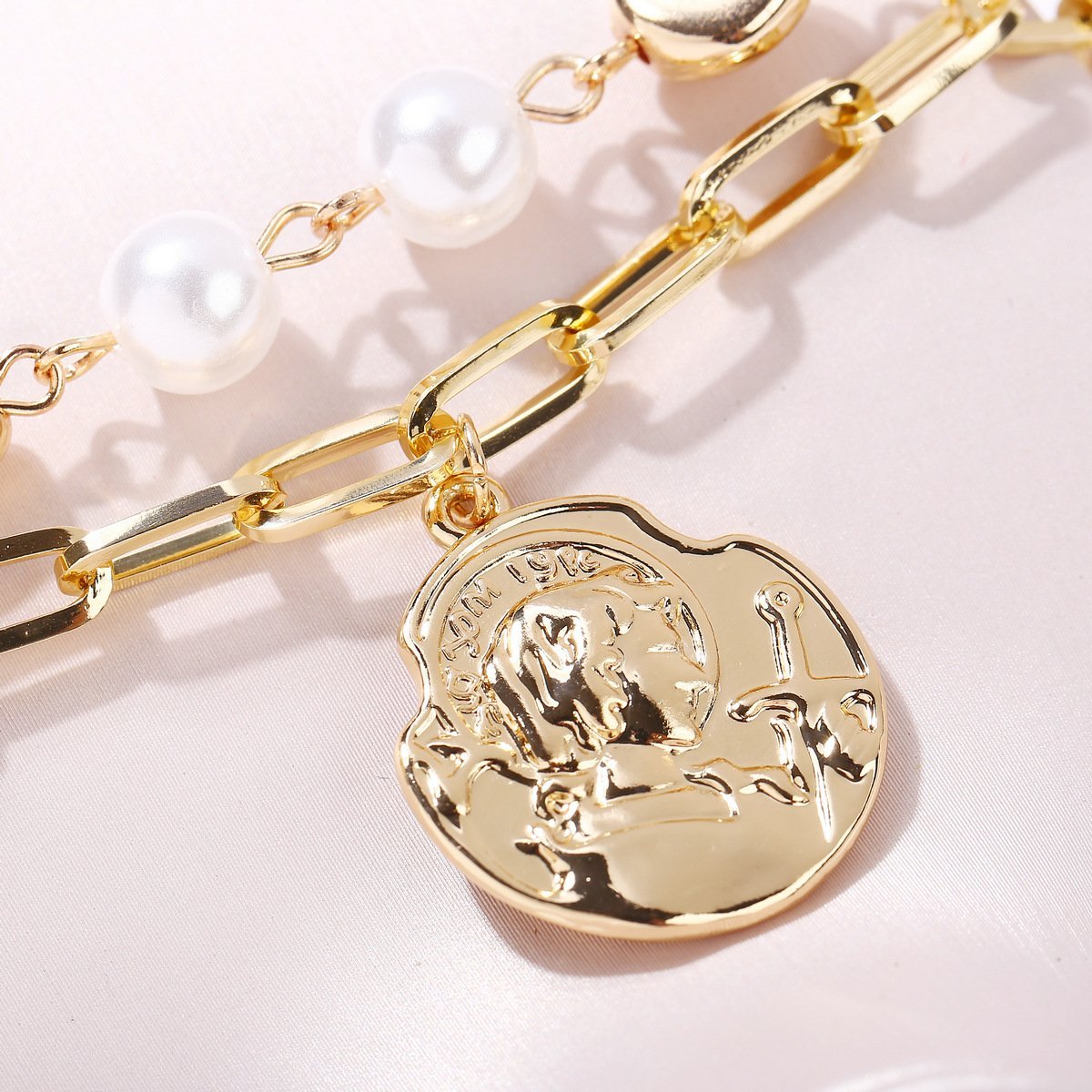 2 Piece Pearl Coin Head Necklace 18K Gold Plated Necklace