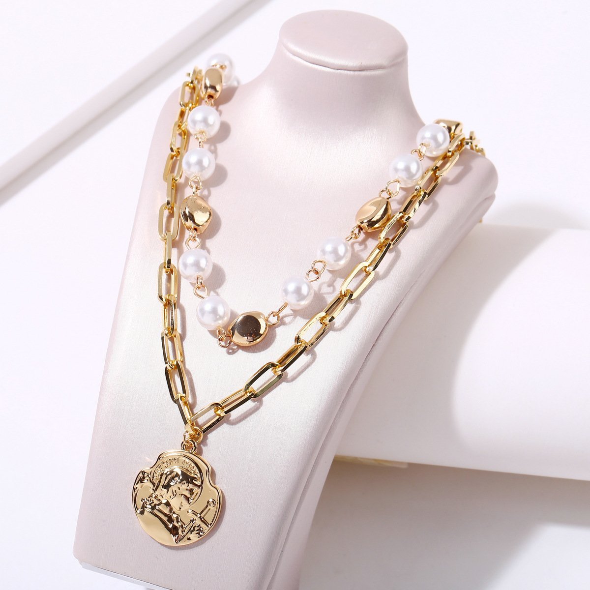 2 Piece Pearl Coin Head Necklace 18K Gold Plated Necklace