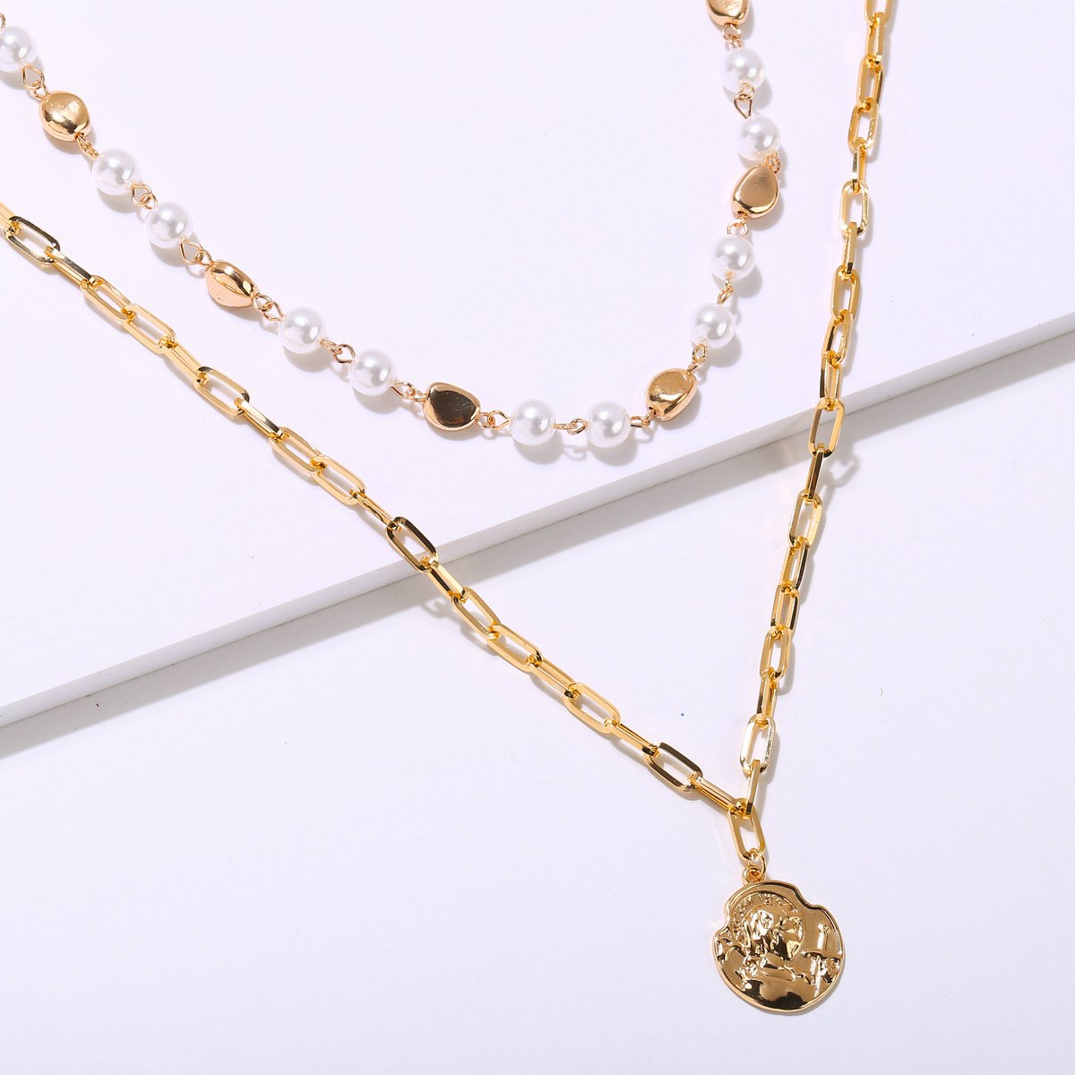 2 Piece Pearl Coin Head Necklace 18K Gold Plated Necklace