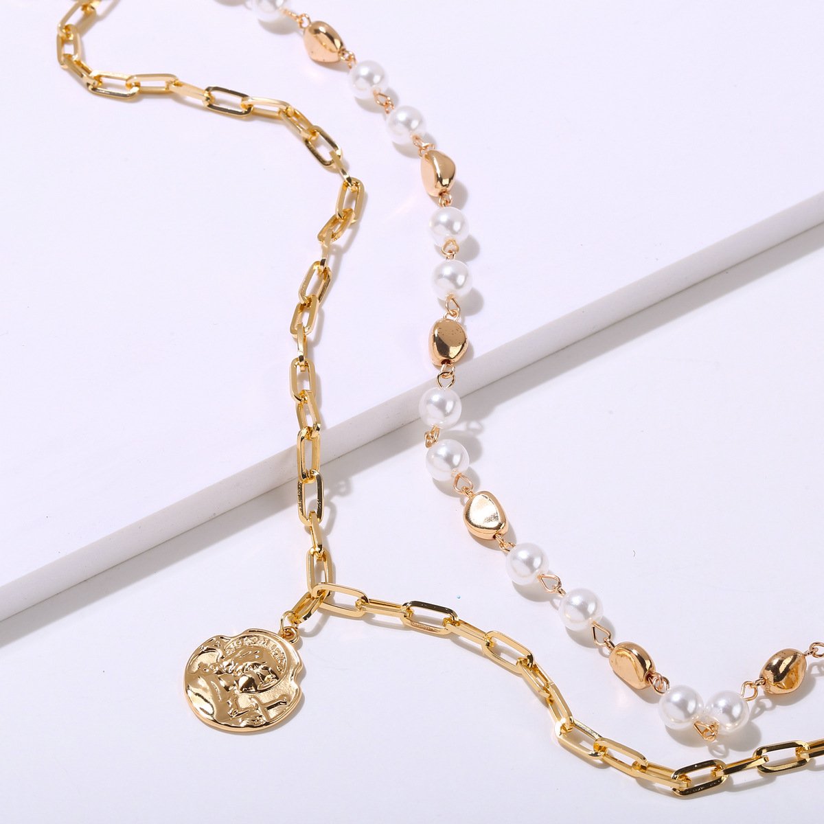 2 Piece Pearl Coin Head Necklace 18K Gold Plated Necklace