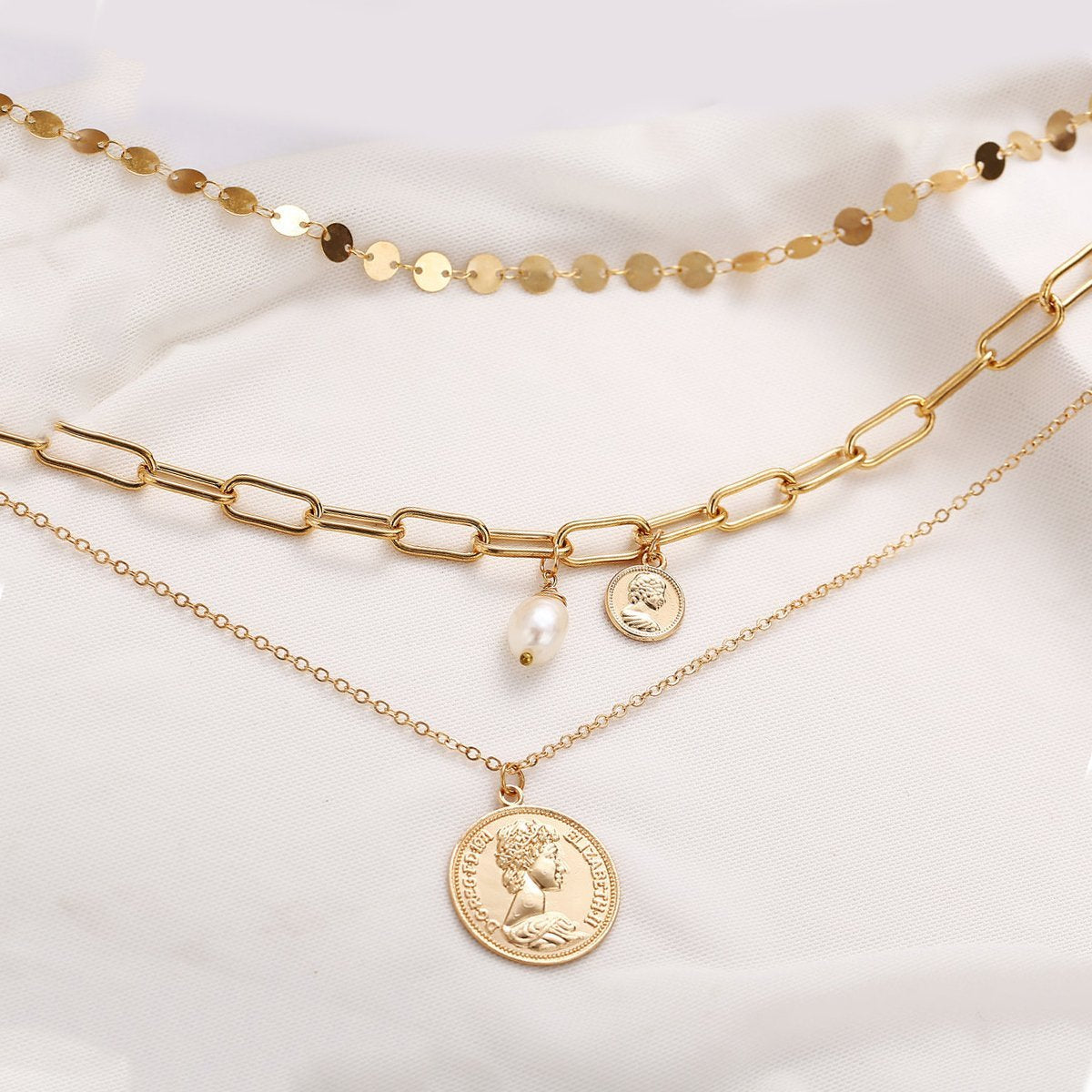 3 Piece Coin Pearl Necklace 18K Gold Plated Necklace in 18K Gold Plated