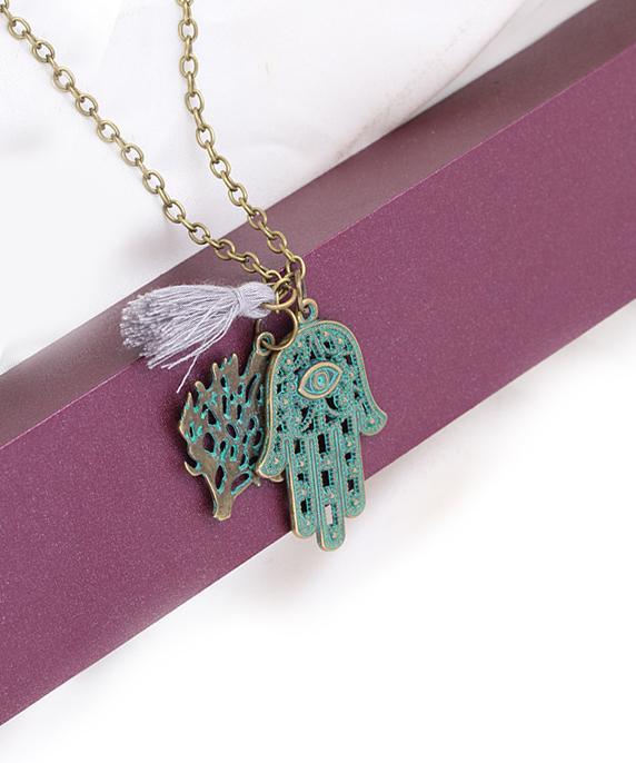 Hamsa Tree of Life Tassell 18K Gold Plated Necklace in 18K Gold Plated