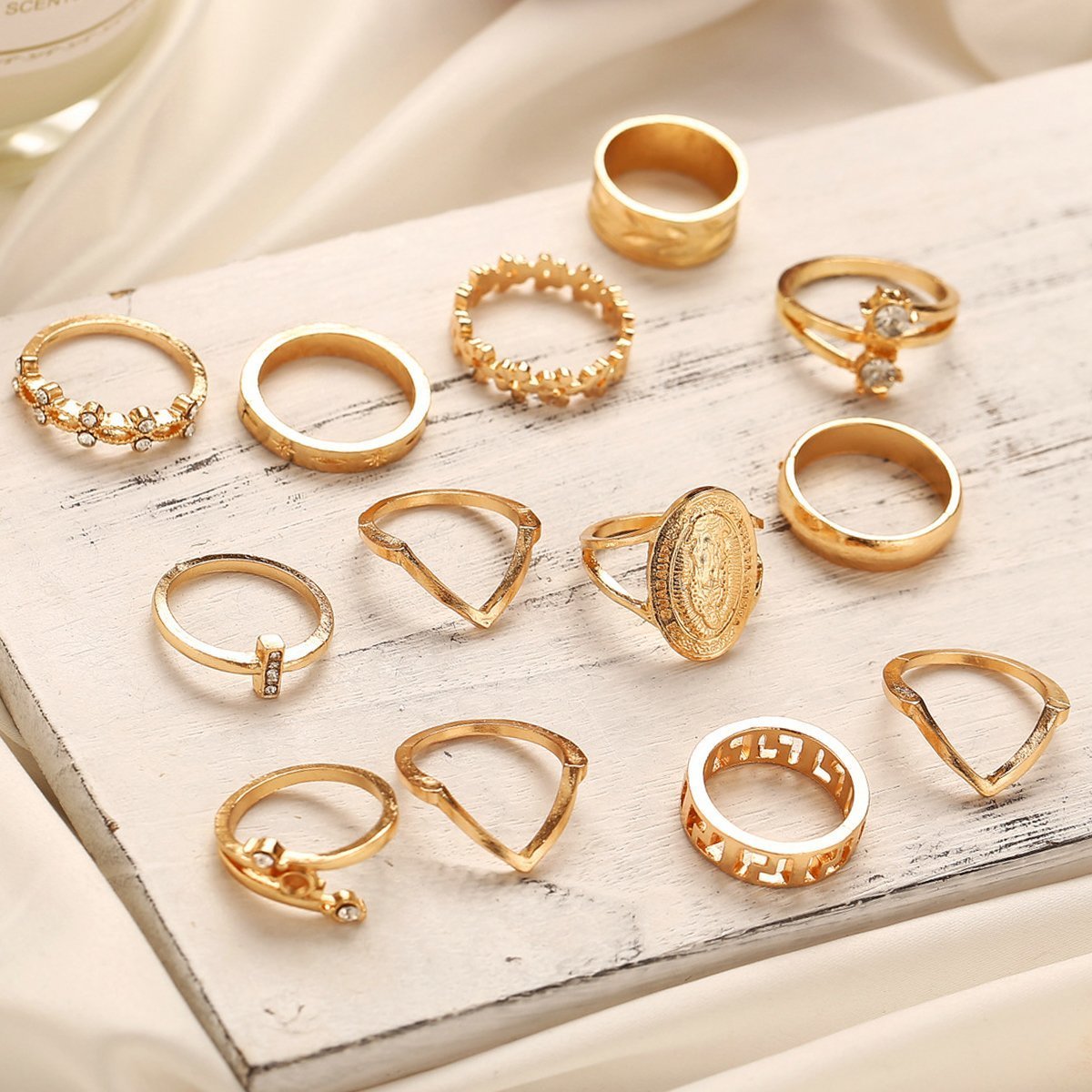 13 Piece Medallion Ring Set With Gemstone Crystals 18K Gold Plated Ring