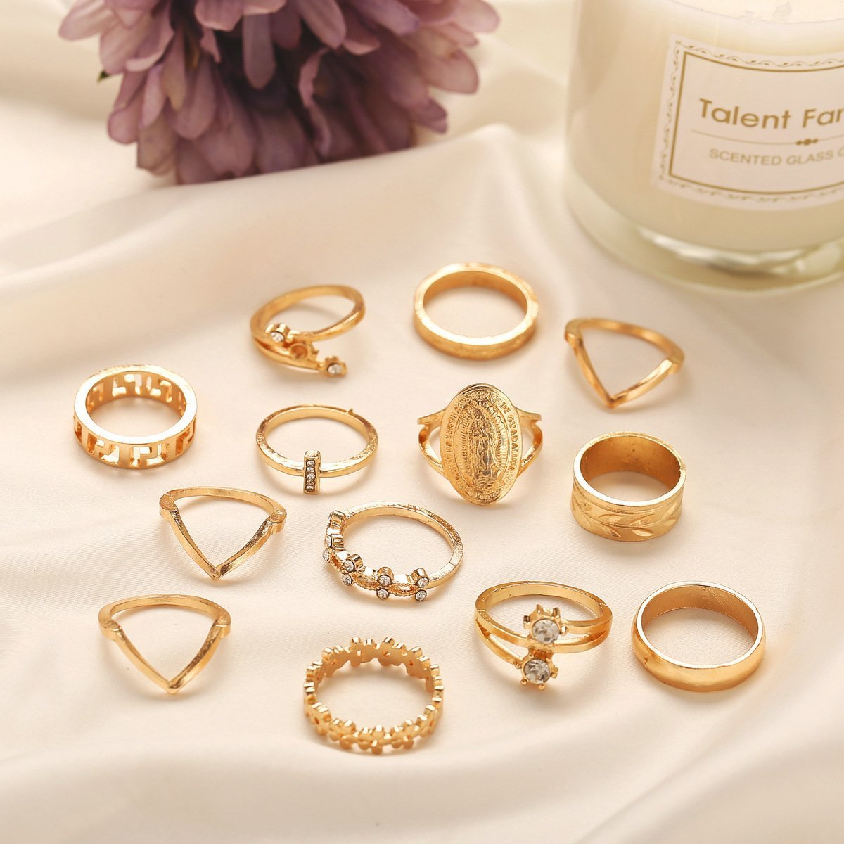 13 Piece Medallion Ring Set With Gemstone Crystals 18K Gold Plated Ring