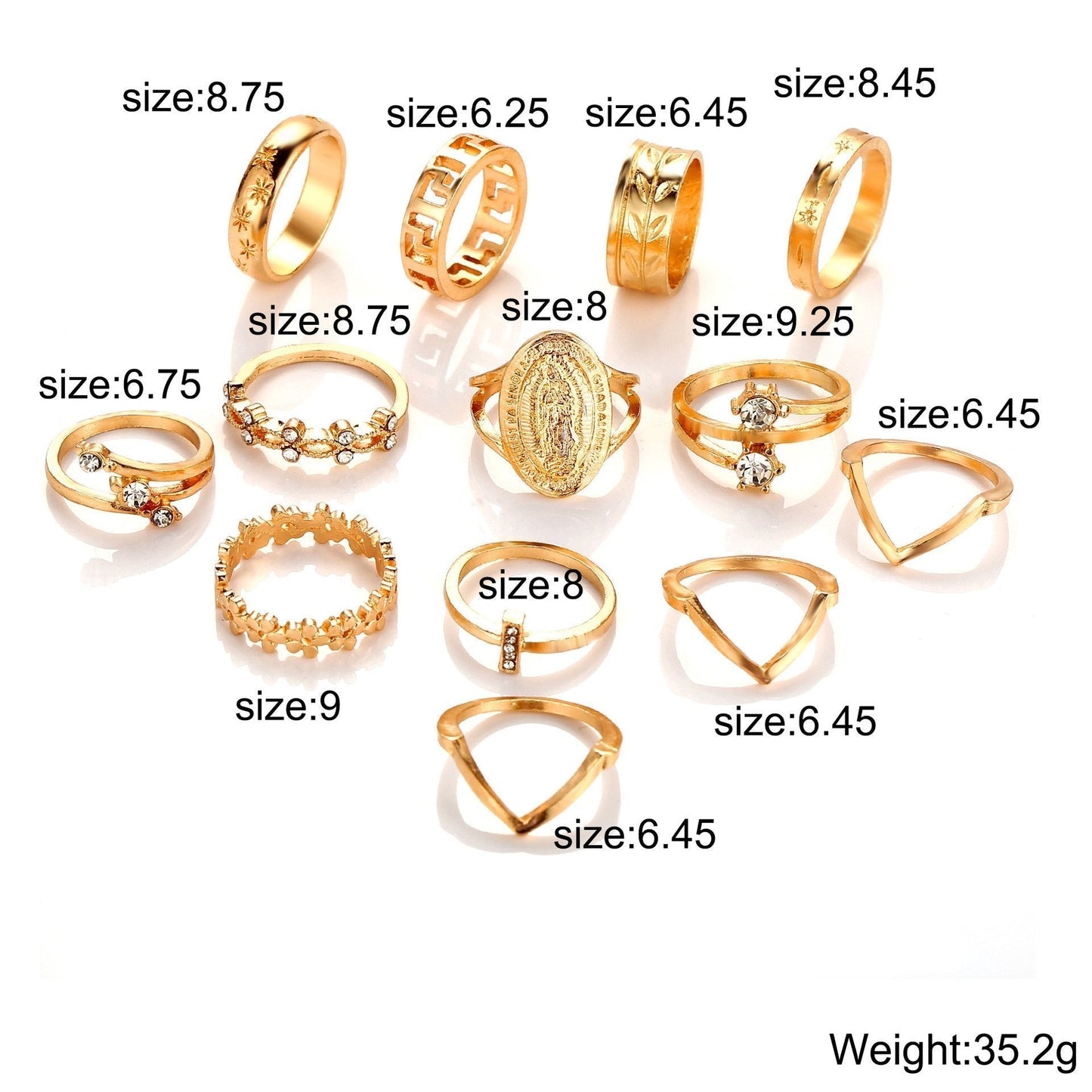 13 Piece Medallion Ring Set With Gemstone Crystals 18K Gold Plated Ring