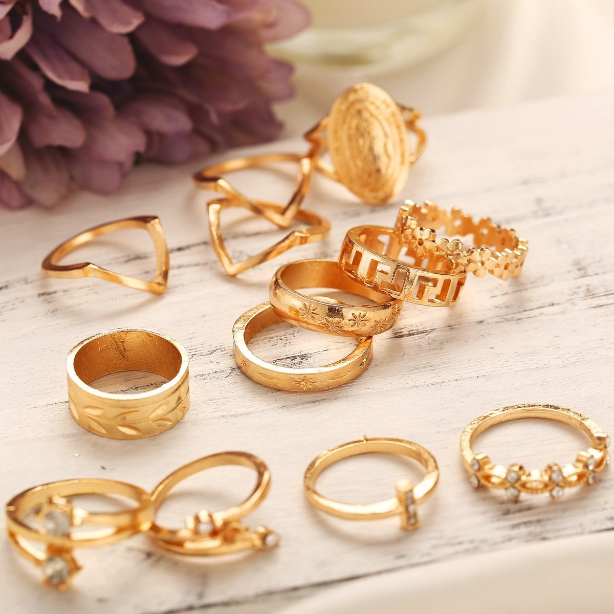 13 Piece Medallion Ring Set With Gemstone Crystals 18K Gold Plated Ring