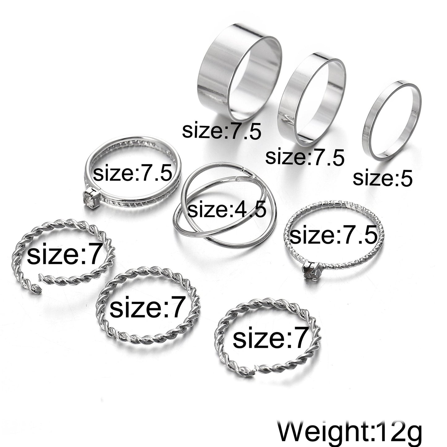 9 Piece Twist Geo Ring Set 18K White Gold Plated Ring in 18K White Gold Plated