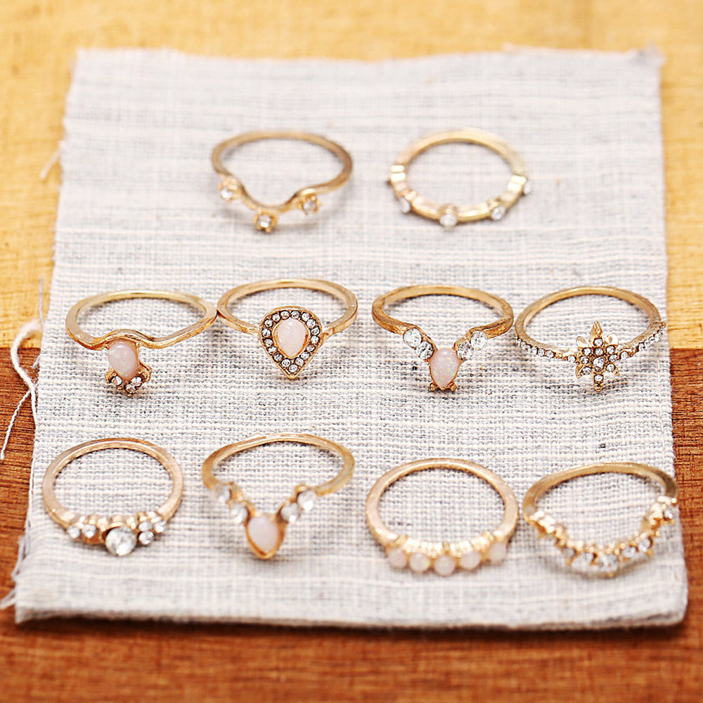 10 Piece Opal Created Ring Set With ® Crystals 18K Gold Plated Ring in 18K Gold Plated