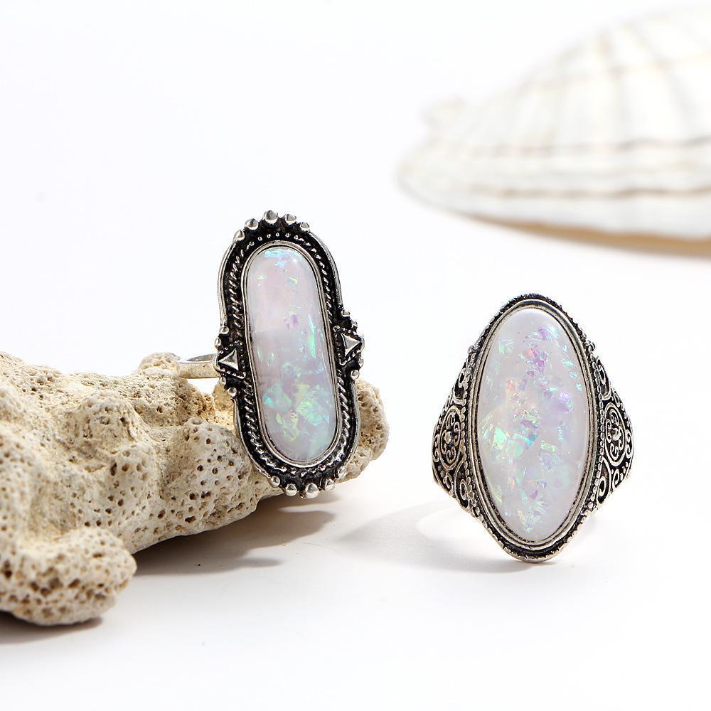8 Piece Opal Created Oxidized Ring Set With Gemstone Crystals 18K White Gold Plated Ring