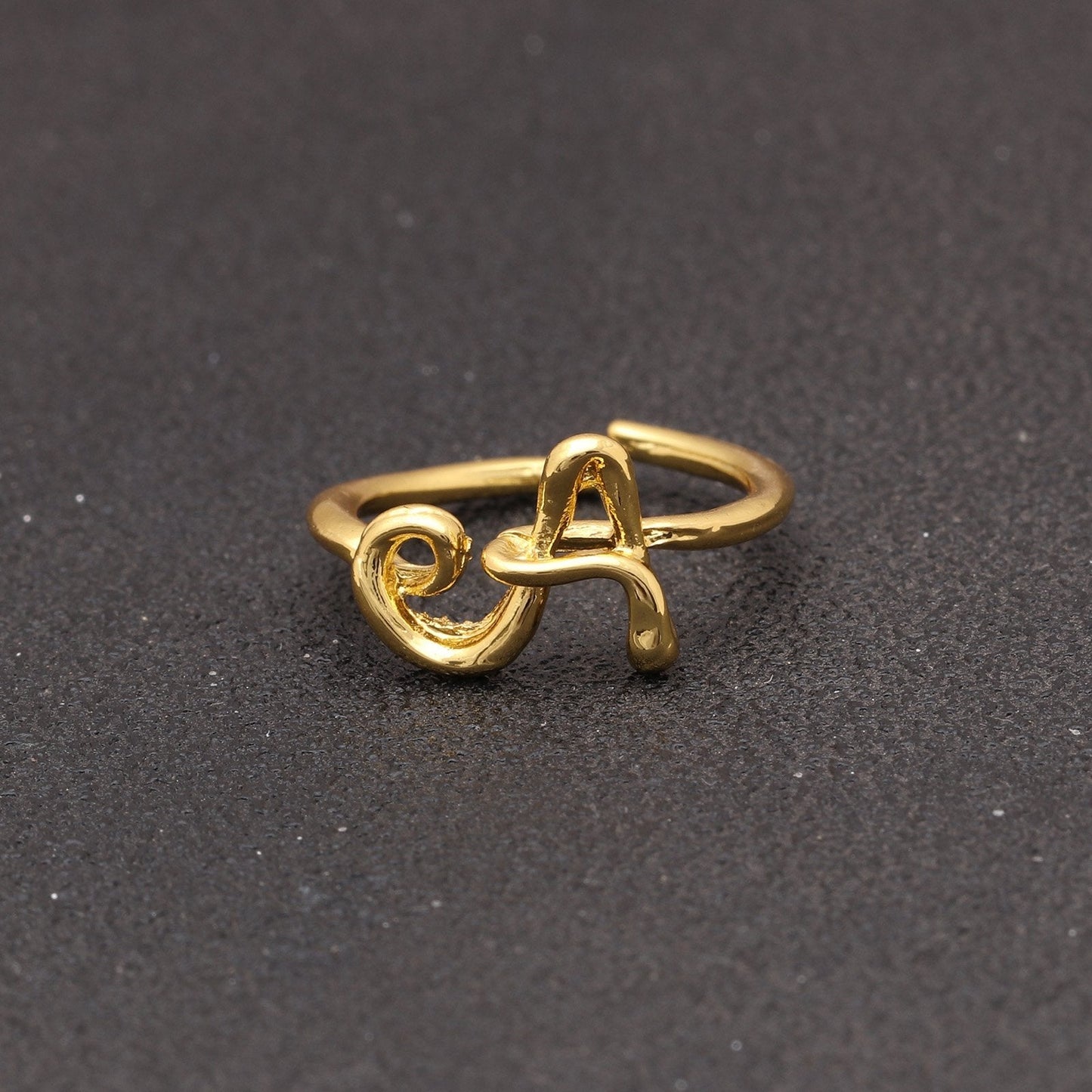14K Gold Plating Sleek Initial Curved Adjustable Ring