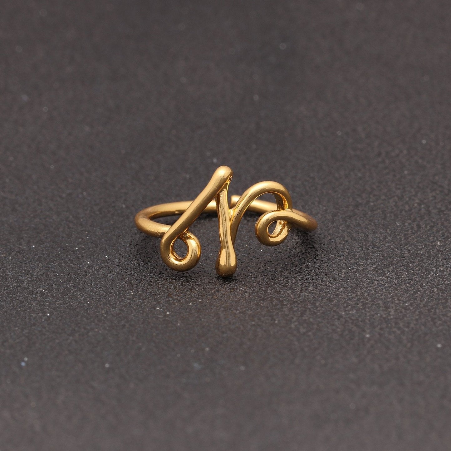 14K Gold Plating Sleek Initial Curved Adjustable Ring