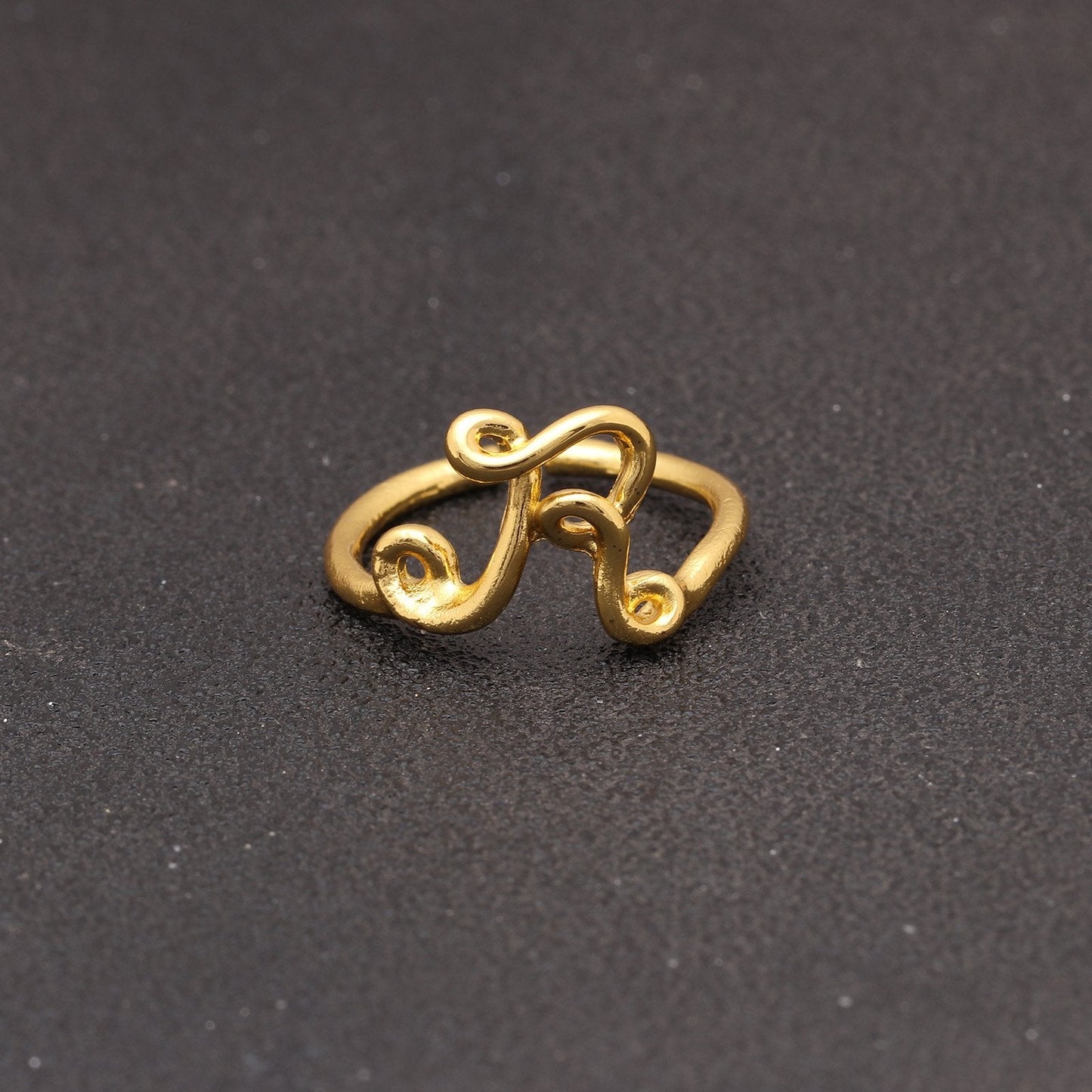 14K Gold Plating Sleek Initial Curved Adjustable Ring