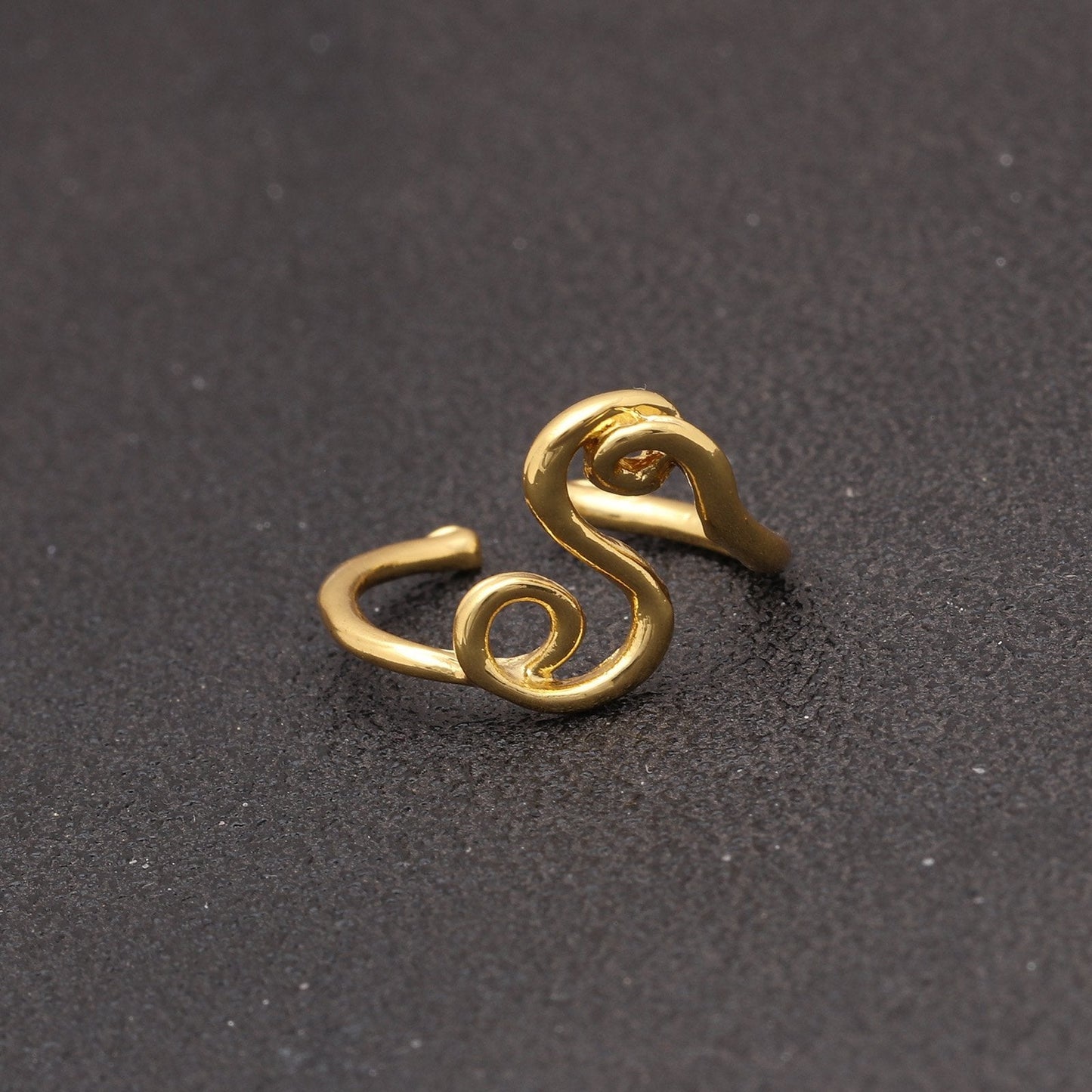 14K Gold Plating Sleek Initial Curved Adjustable Ring