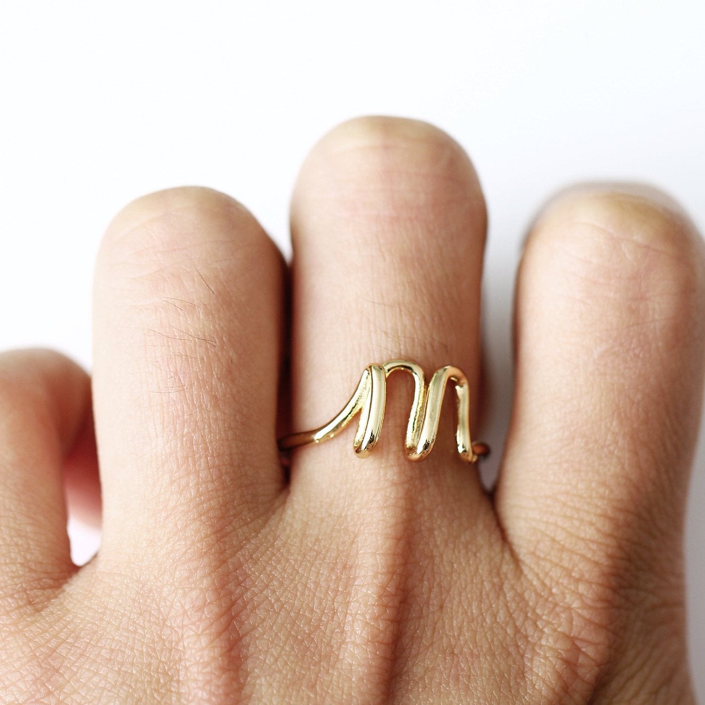 14K Gold Plating Sleek Initial Curved Adjustable Ring