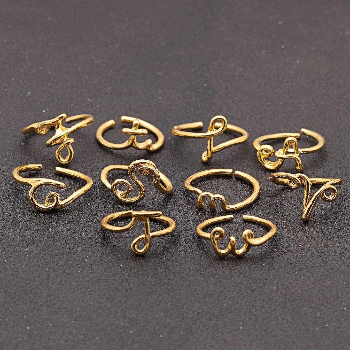 14K Gold Plating Sleek Initial Curved Adjustable Ring