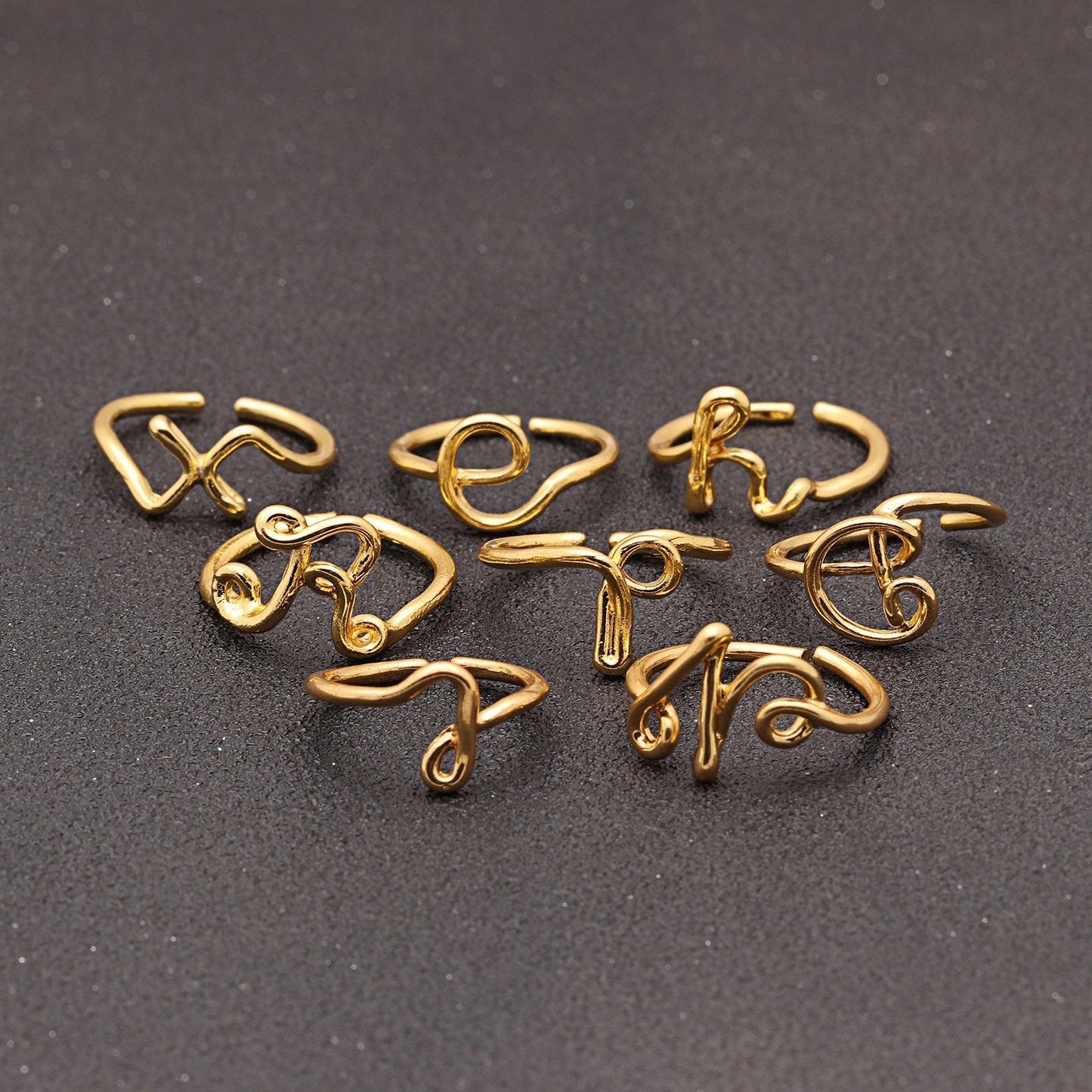 14K Gold Plating Sleek Initial Curved Adjustable Ring