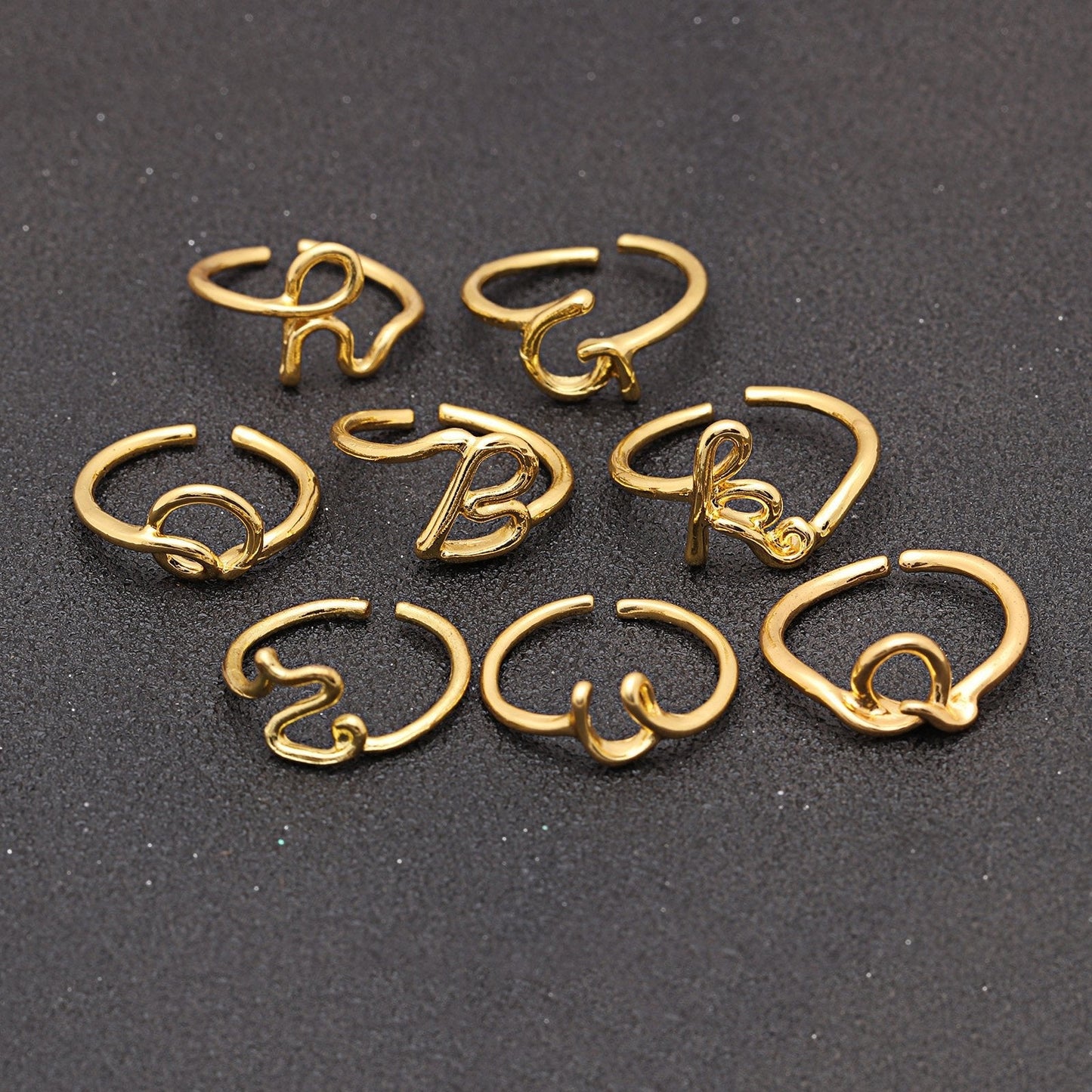 14K Gold Plating Sleek Initial Curved Adjustable Ring