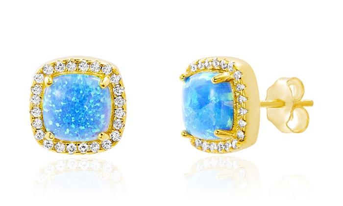 Opal Created 1.00 CT Stud Earring with Crystals - 14K Gold Plated