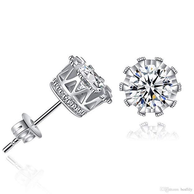 Pave Halo Round Princess Stud Earring Embellished with Crystals in 18K White Gold Plated