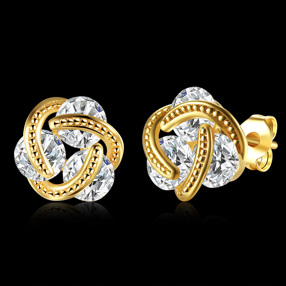Triple Stone Knot Stud Earring in 18K Gold Plated with Crystals