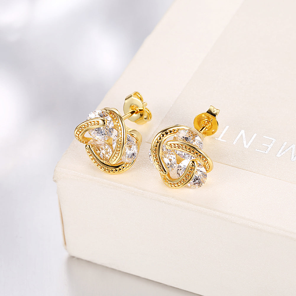 Triple Stone Knot Stud Earring in 18K Gold Plated with Crystals