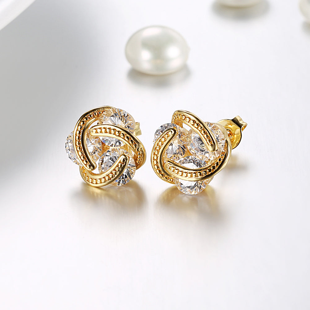 Triple Stone Knot Stud Earring in 18K Gold Plated with Crystals
