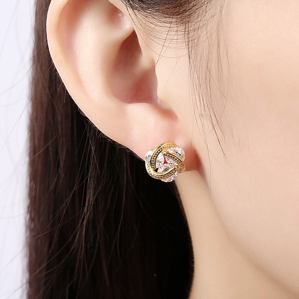 Triple Stone Knot Stud Earring in 18K Gold Plated with Crystals