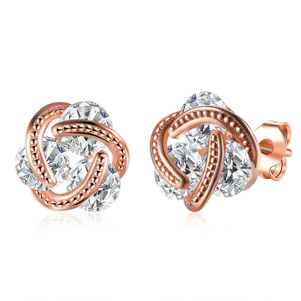 Triple Stone Knot Stud Earring in 18K Rose Gold Plated with Crystals