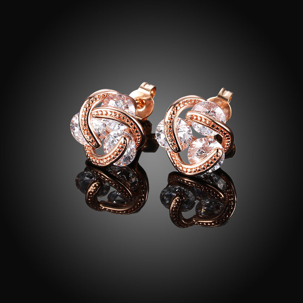 Triple Stone Knot Stud Earring in 18K Rose Gold Plated with Crystals