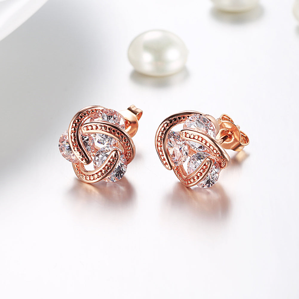 Triple Stone Knot Stud Earring in 18K Rose Gold Plated with Crystals