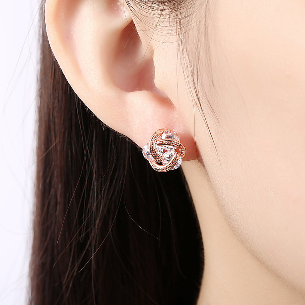 Triple Stone Knot Stud Earring in 18K Rose Gold Plated with Crystals
