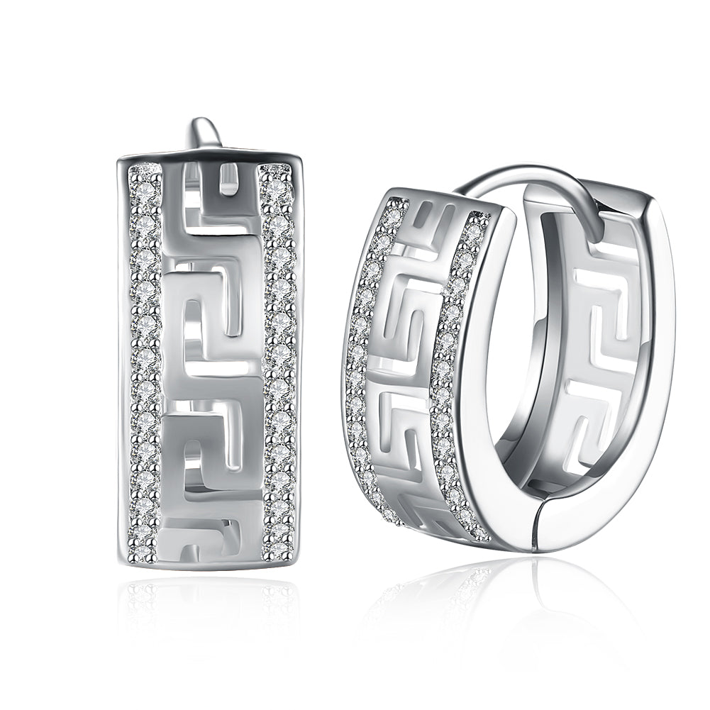 Greek Design Leverback Earring in 18K White Gold Plated with Crystals
