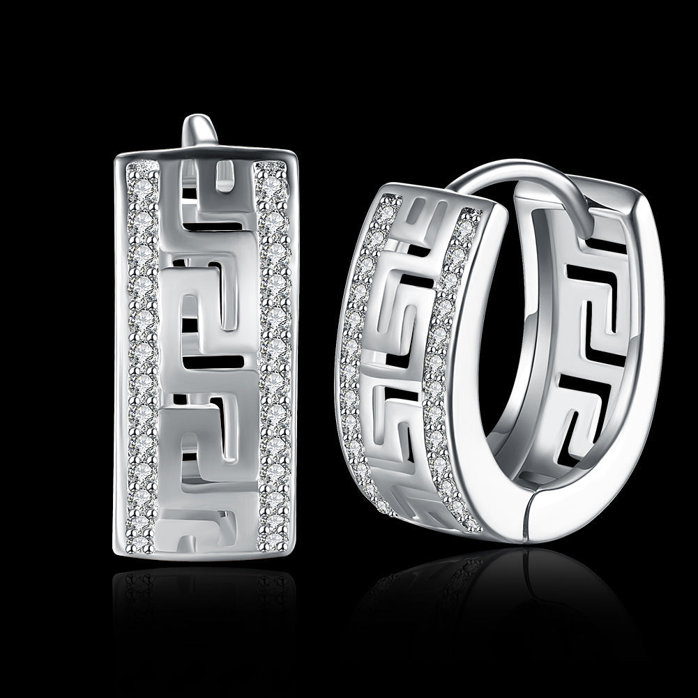 Greek Design Leverback Earring in 18K White Gold Plated with Crystals