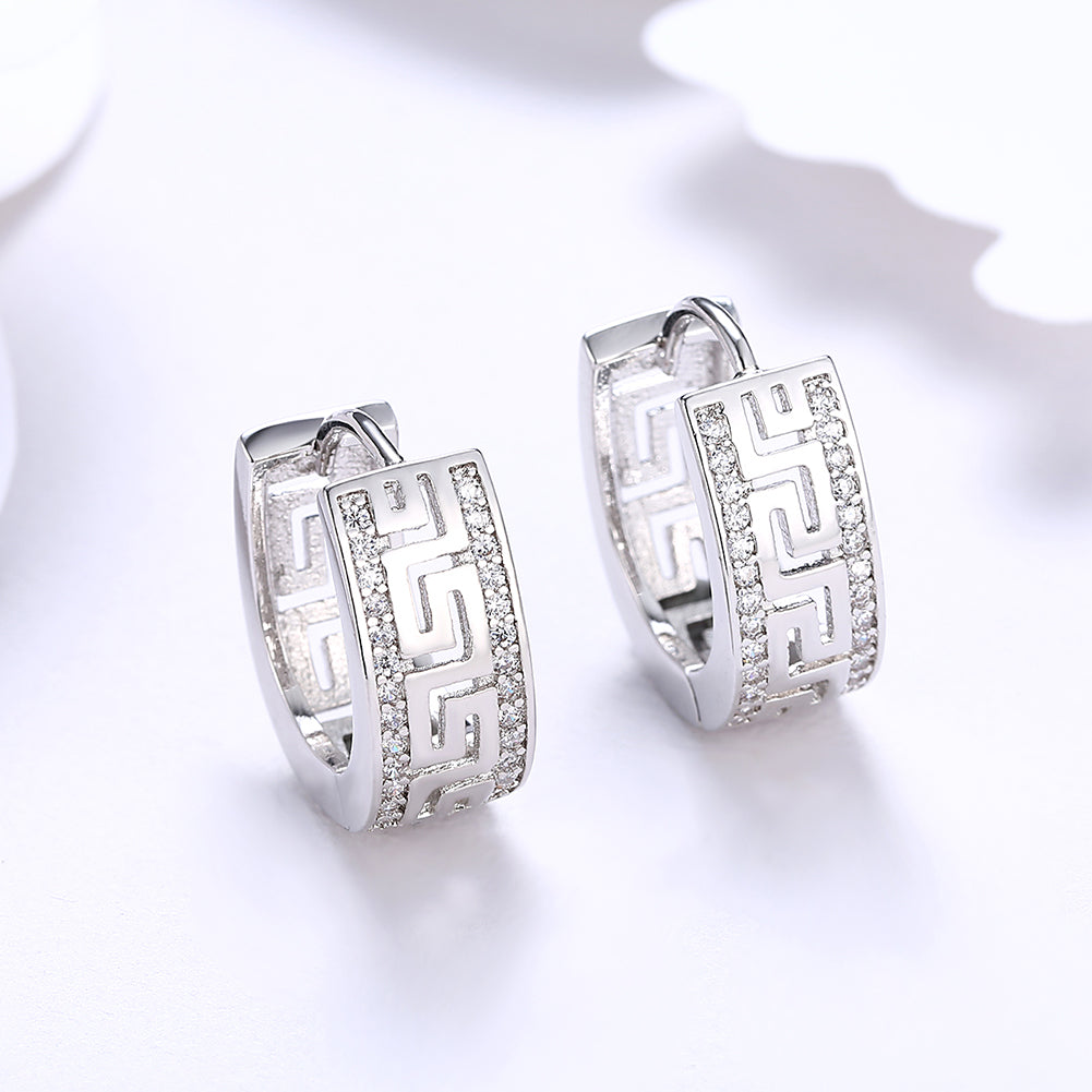 Greek Design Leverback Earring in 18K White Gold Plated with Crystals