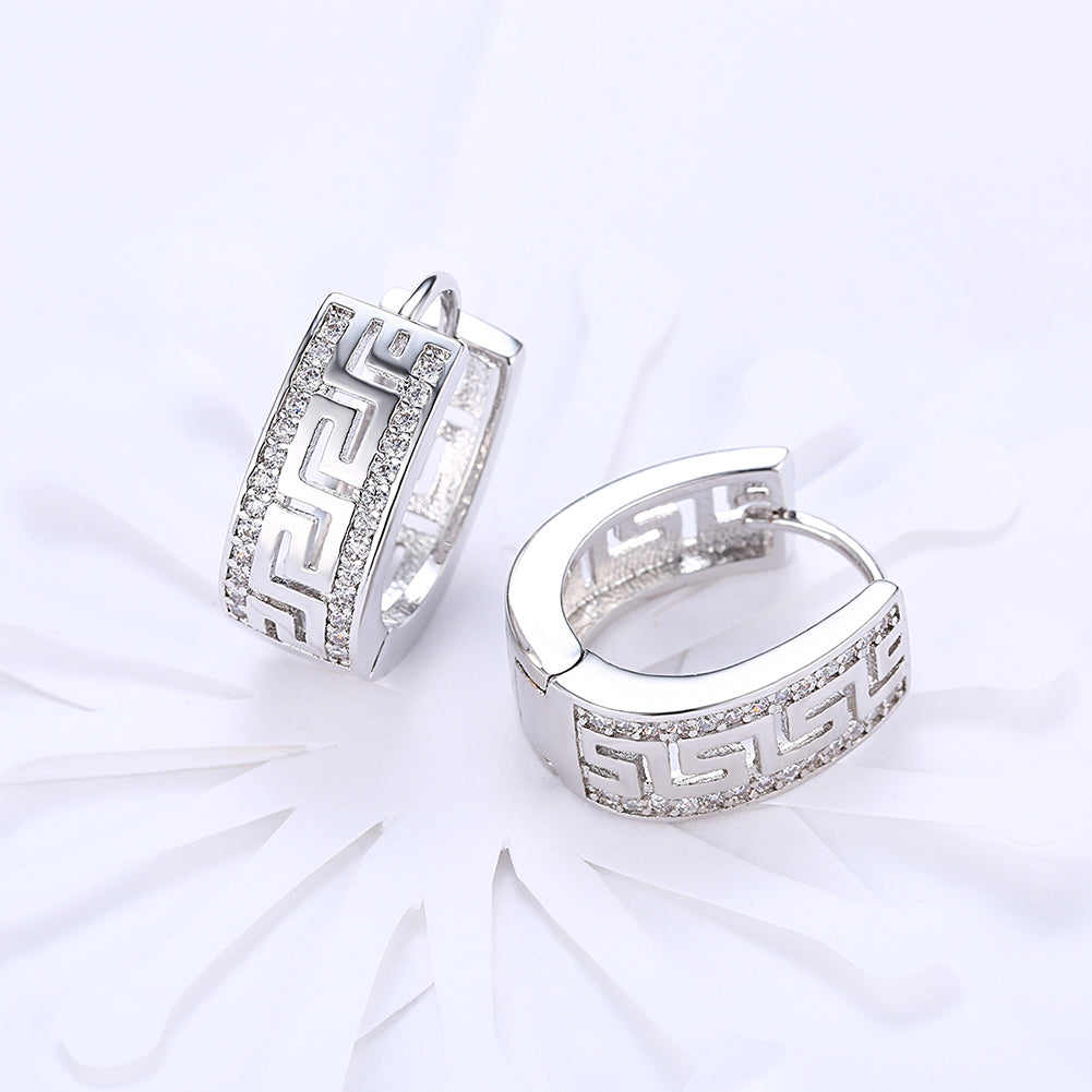 Greek Design Leverback Earring in 18K White Gold Plated with Crystals