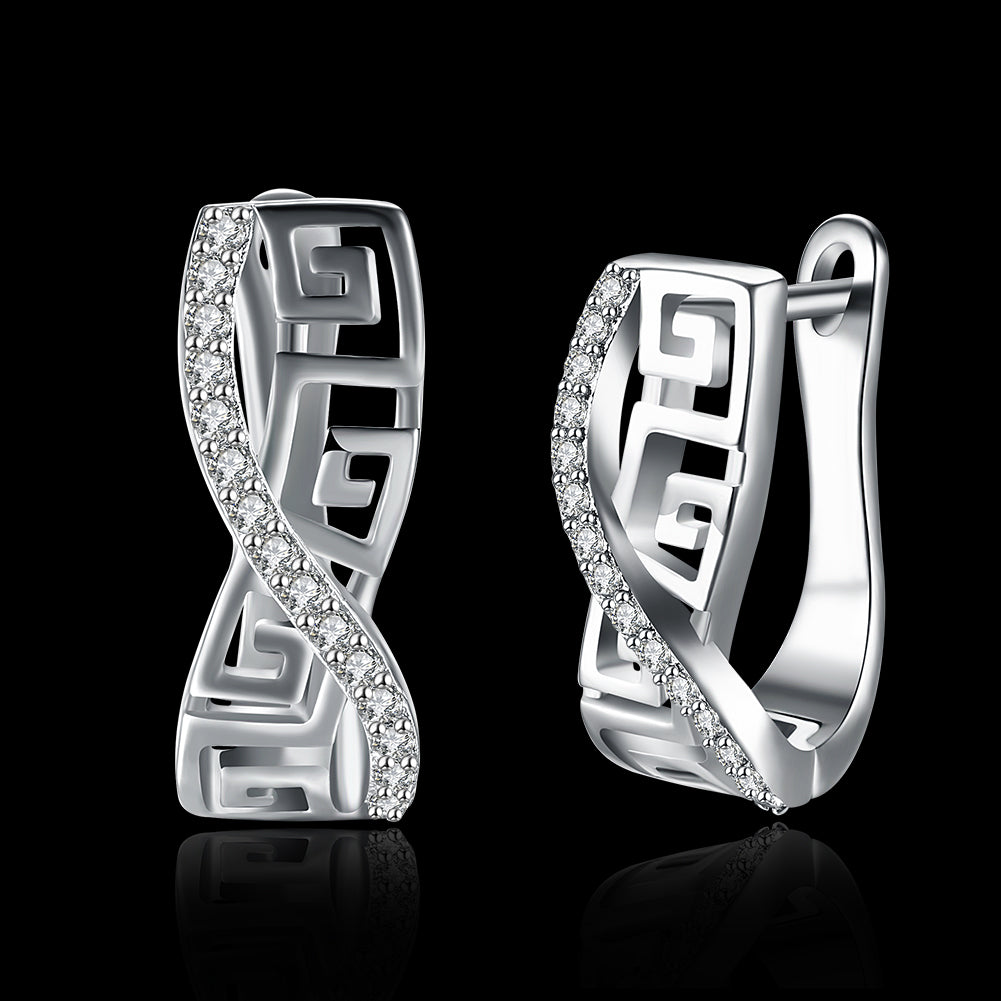 Italian Twist Roman Design Leverback Earring in 18K White Gold Plated with Crystals
