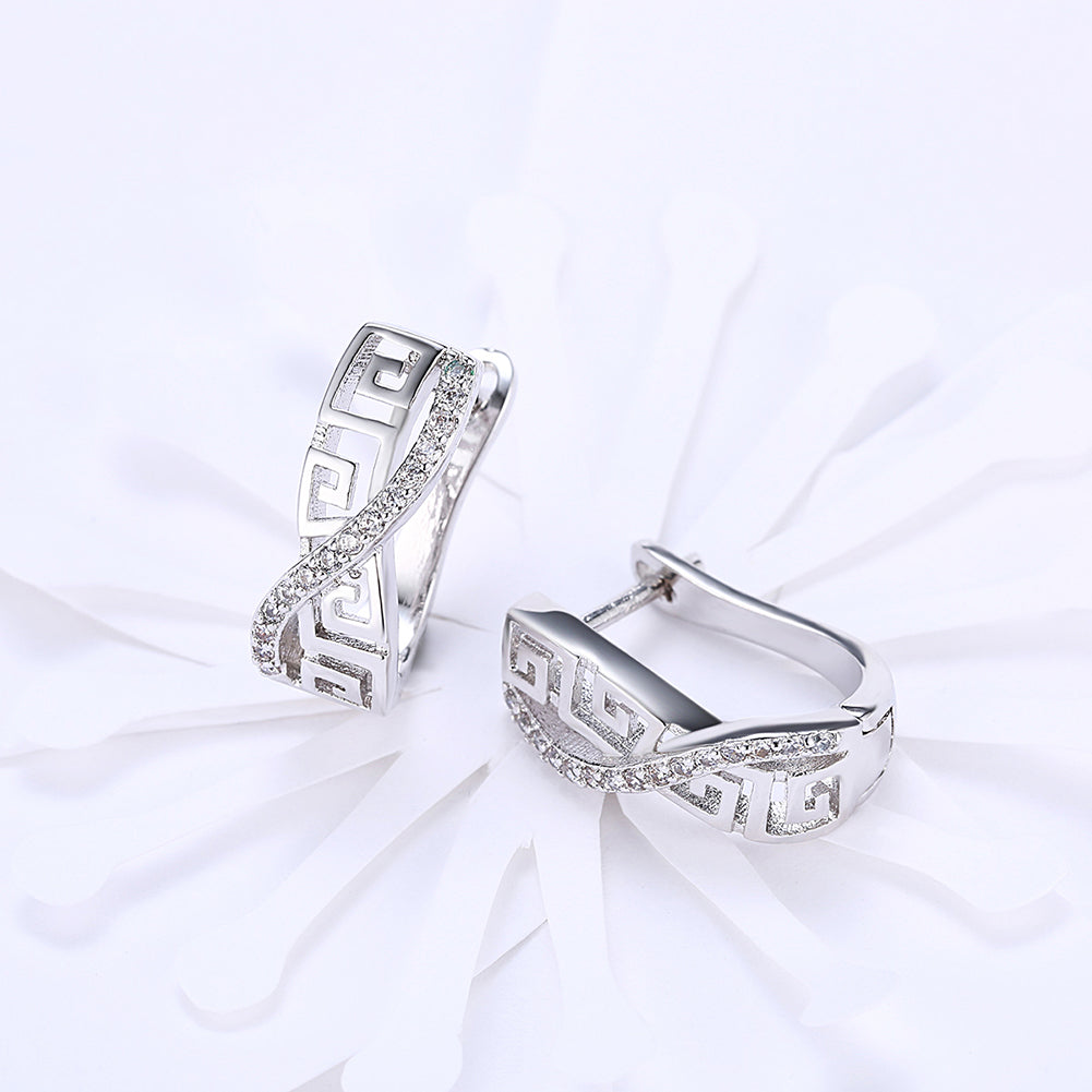 Italian Twist Roman Design Leverback Earring in 18K White Gold Plated with Crystals