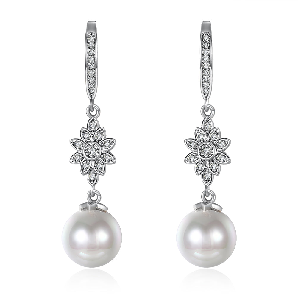 Freshwater Pearl Starburst Drop Earring in 18K White Gold Plated with Crystals