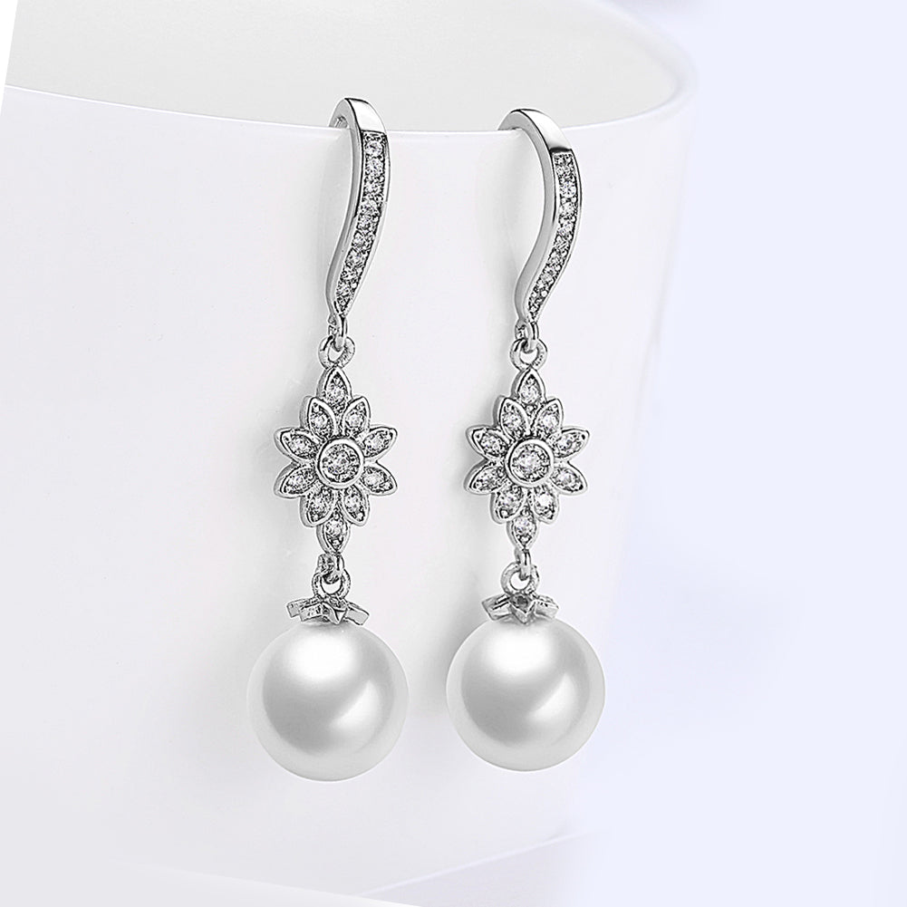 Freshwater Pearl Starburst Drop Earring in 18K White Gold Plated with Crystals