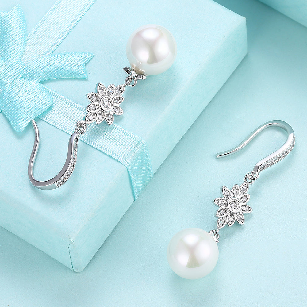 Freshwater Pearl Starburst Drop Earring in 18K White Gold Plated with Crystals